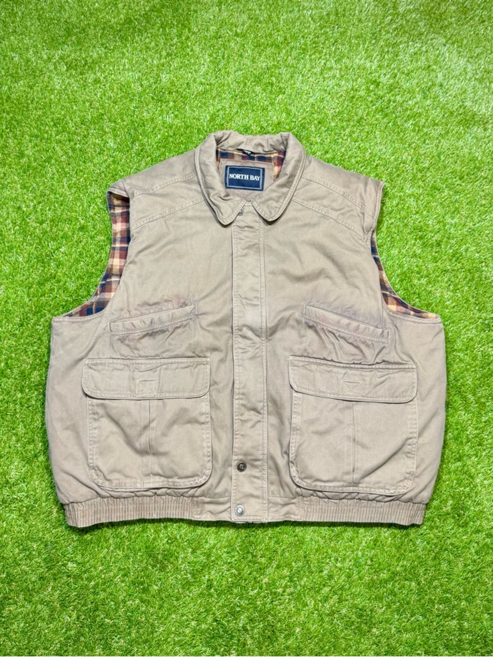 Vintage North Bay Flannel Lined Mens Insulated Vest Jacket 2X XXL Tan Khaki